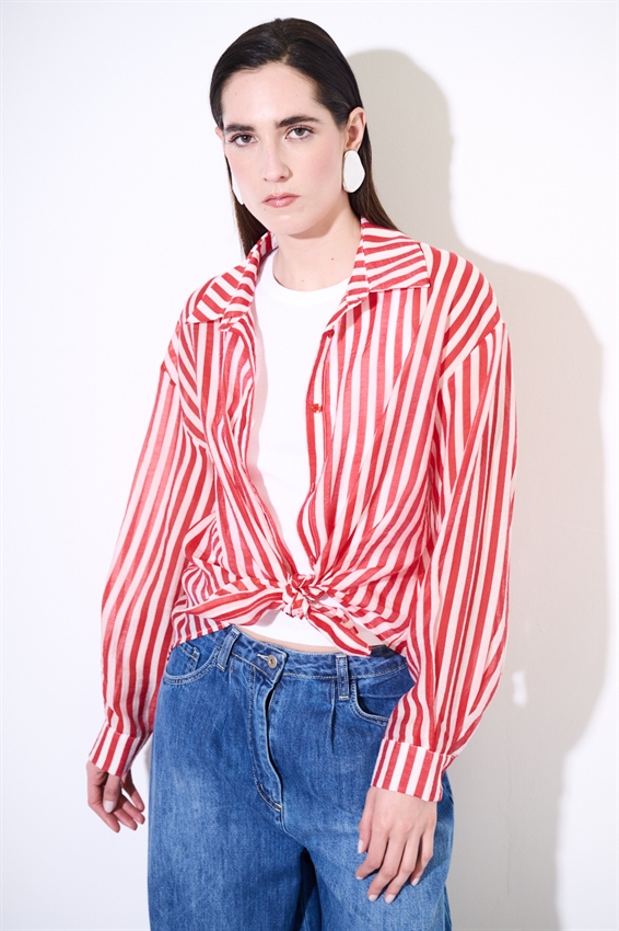 CAMICIA OVER A RIGHE ROSSO/PANNA