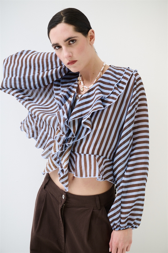 CAMICIA CON VOLANT A RIGHE MORO/CELESTE