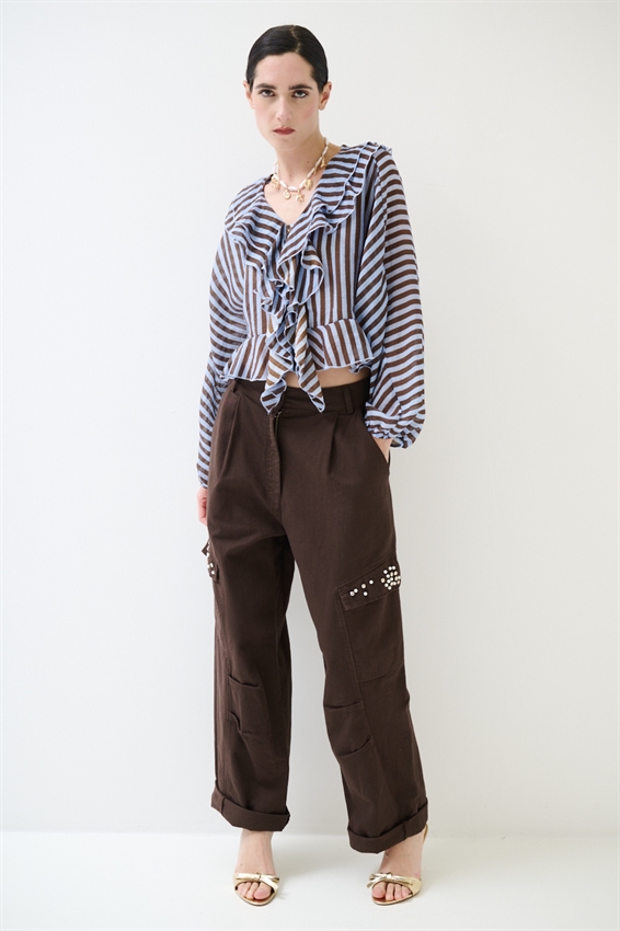 CAMICIA CON VOLANT A RIGHE MORO/CELESTE