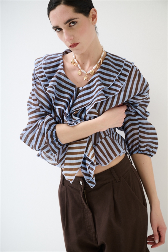 CAMICIA CON VOLANT A RIGHE MORO/CELESTE