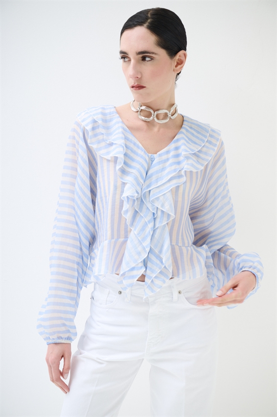 CAMICIA CON VOLANT A RIGHE PANNA/CELESTE