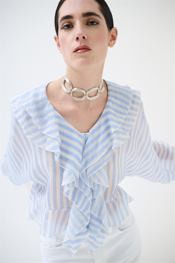 CAMICIA CON VOLANT A RIGHE PANNA/CELESTE
