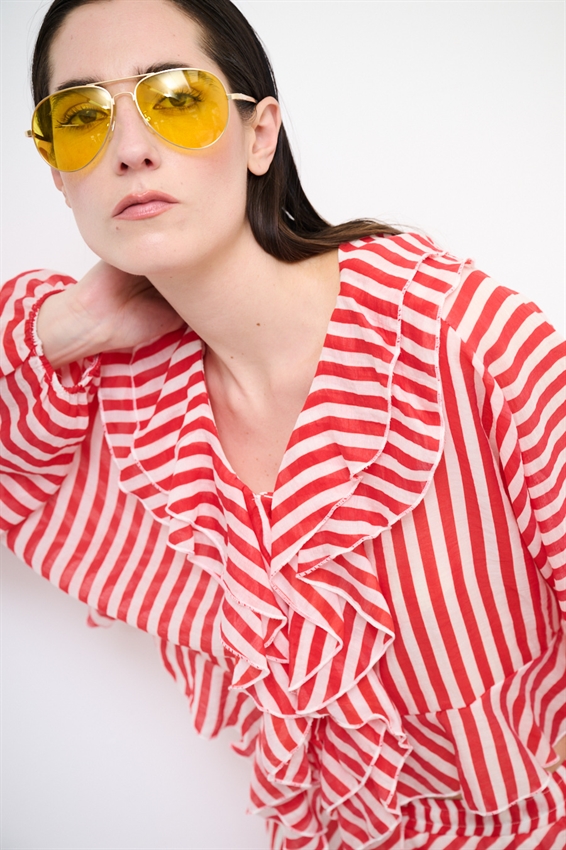 CAMICIA CON VOLANT A RIGHE ROSSO/PANNA