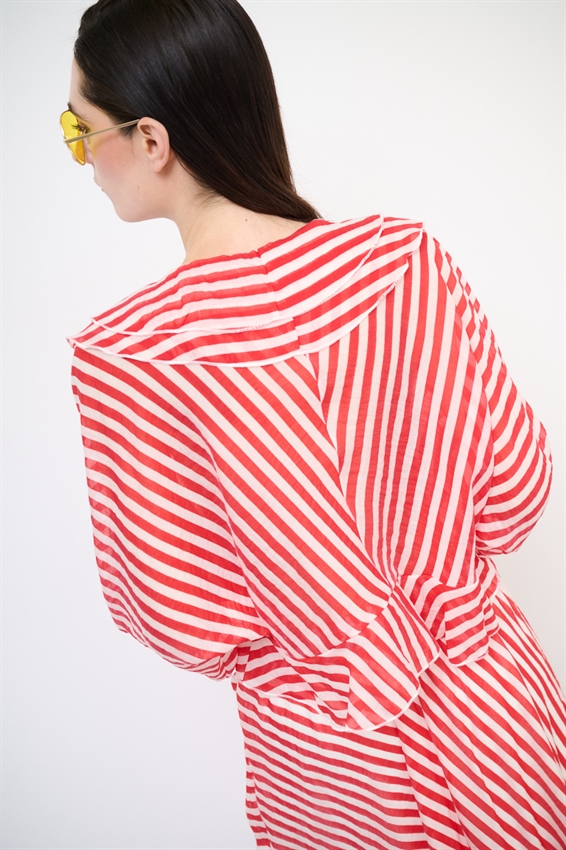 CAMICIA CON VOLANT A RIGHE ROSSO/PANNA