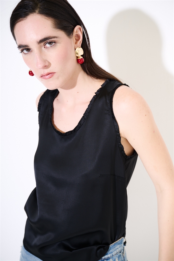 CANOTTA IN RASO VISCOSA CON ROUCHES NERO