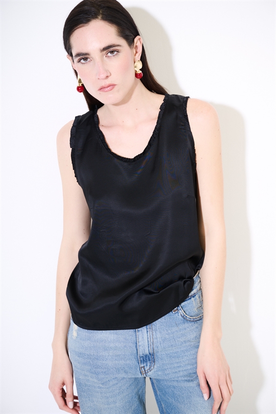 CANOTTA IN RASO VISCOSA CON ROUCHES NERO