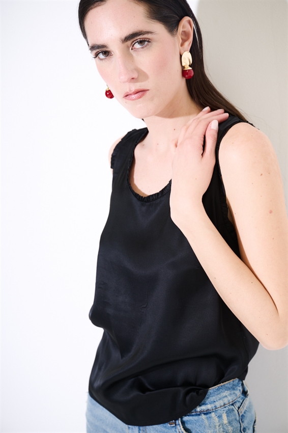 CANOTTA IN RASO VISCOSA CON ROUCHES NERO