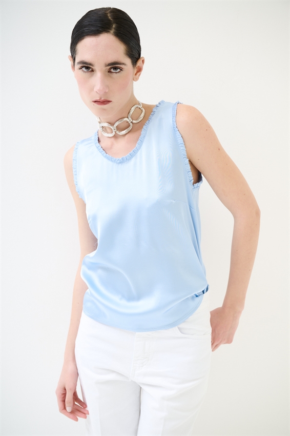 CANOTTA IN RASO VISCOSA CON ROUCHES CELESTE