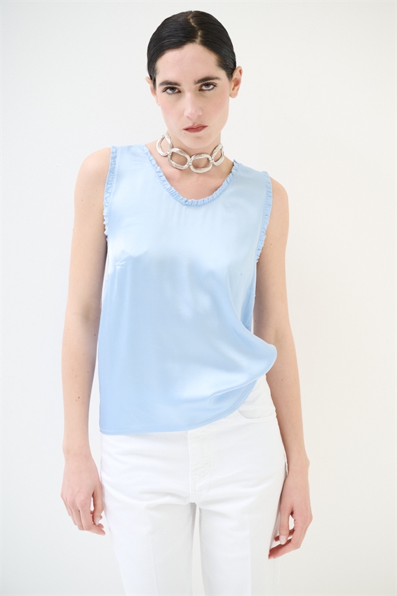 CANOTTA IN RASO VISCOSA CON ROUCHES CELESTE