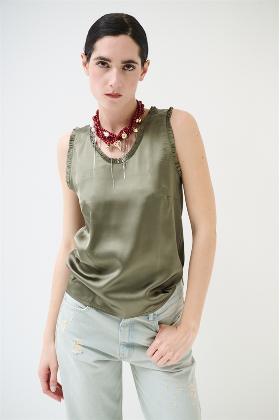 CANOTTA IN RASO VISCOSA CON ROUCHES VERDE MILITARE