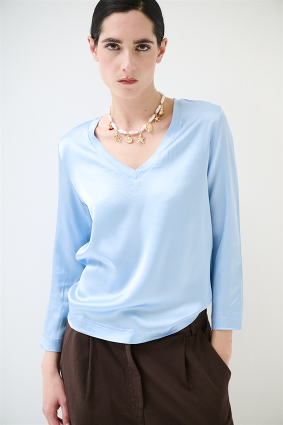 MAGLIA SCOLLO A V IN RASO VISCOSA CELESTE