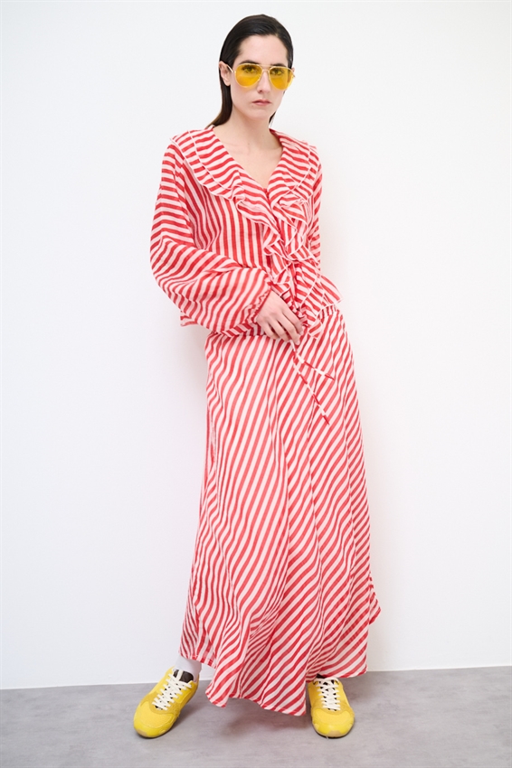 GONNA A SBIECO A RIGHE ROSSO/PANNA