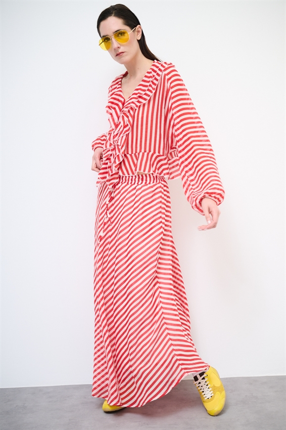 GONNA A SBIECO A RIGHE ROSSO/PANNA