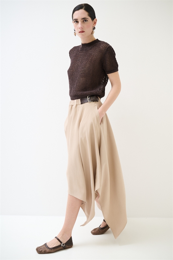 GONNA MIDI CON PUNTE E FIBBIE CAMMELLO