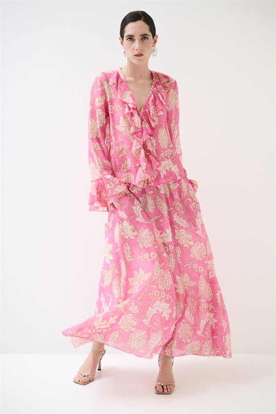 GONNA LUNGA SVASATA STAMPATA ROSA