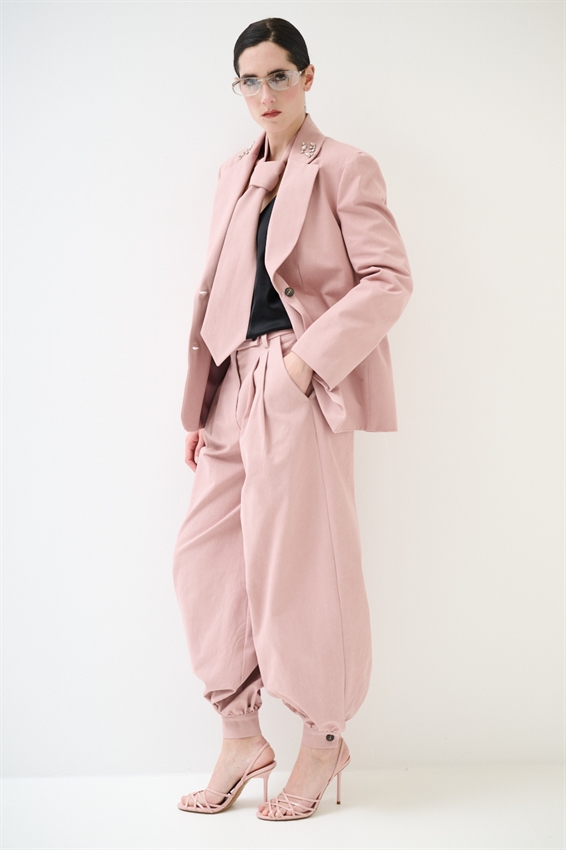 PANTALONE IN COTONE CON RIPRESA SUL FONDO ROSA