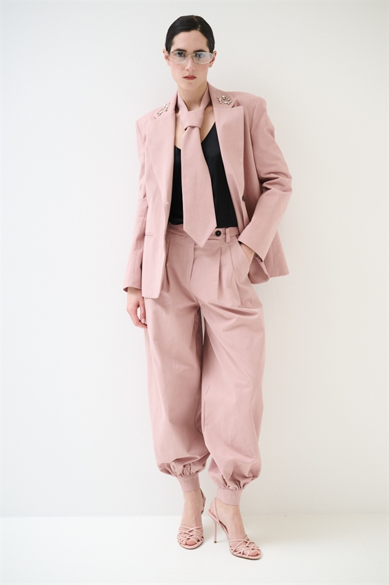 PANTALONE IN COTONE CON RIPRESA SUL FONDO ROSA