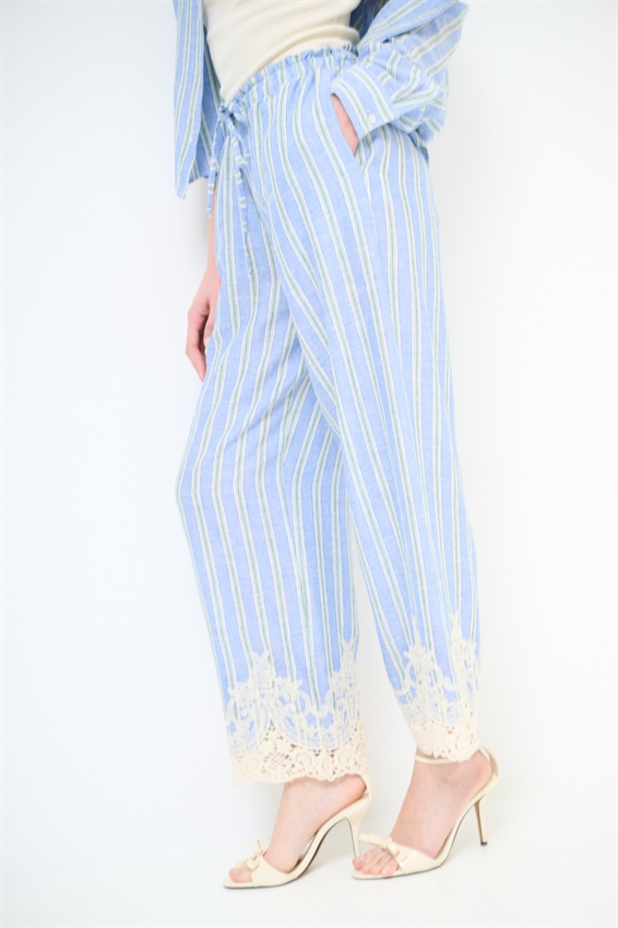 PANTALONE IN LINO A RIGHE CON RICAMO