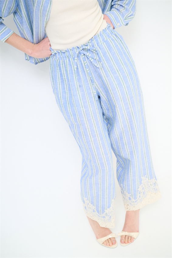 PANTALONE IN LINO A RIGHE CON RICAMO
