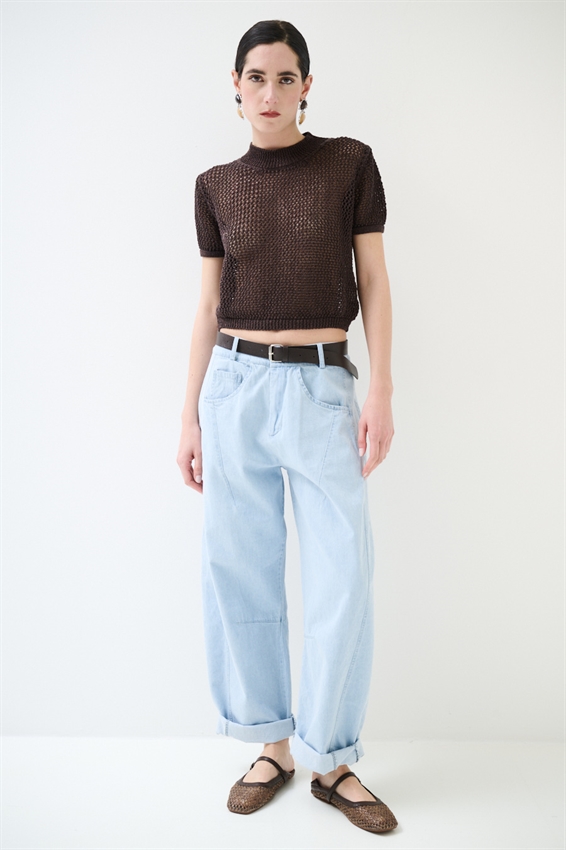 PANTA BALLOON CON PINCES E CINTURA BLU CHIARO