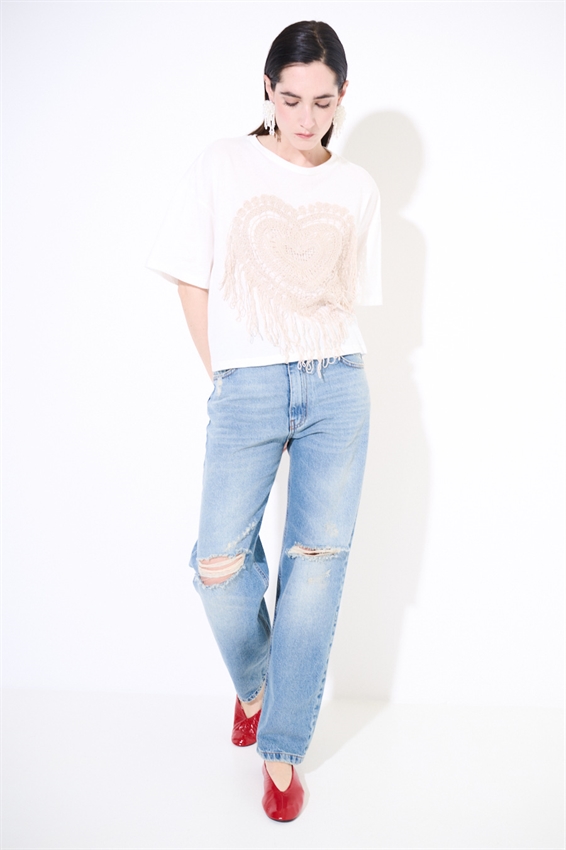 T-SHIRT OVER CON APPLICAZIONE MACRAME PANNA