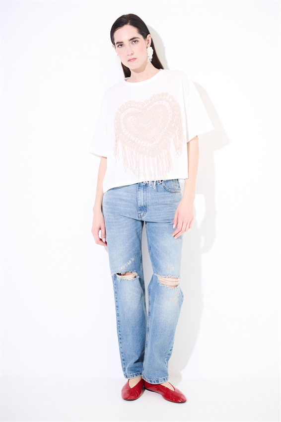 T-SHIRT OVER CON APPLICAZIONE MACRAME PANNA