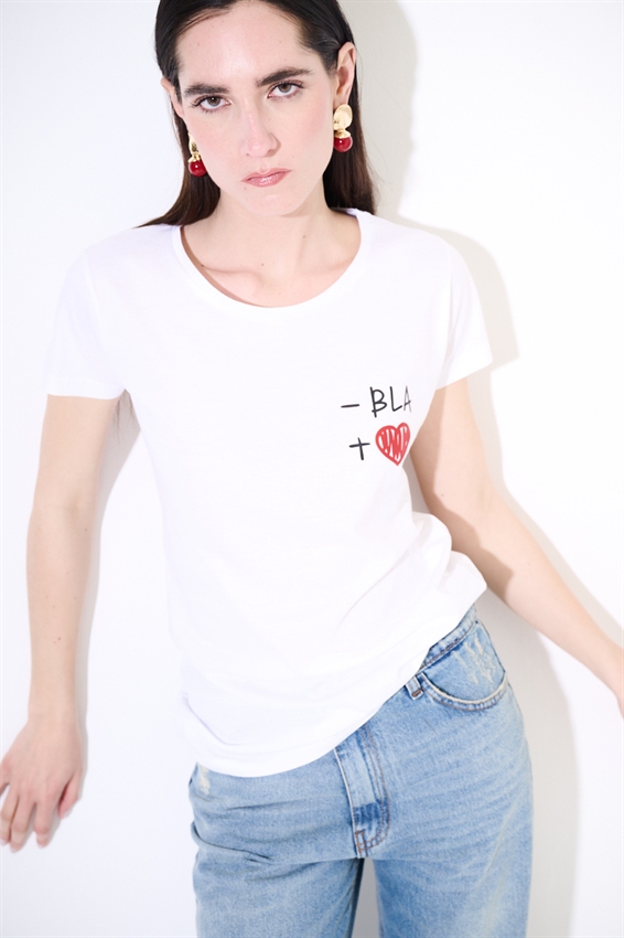 T-SHIRT BASIC CON STAMPA BLA E CUORE BIANCO