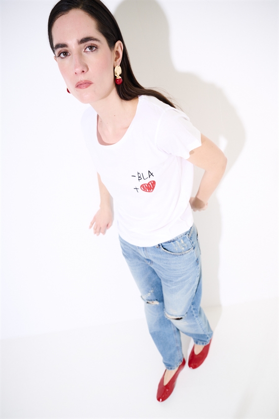 T-SHIRT BASIC CON STAMPA BLA E CUORE BIANCO