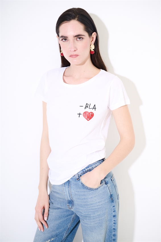 T-SHIRT BASIC CON STAMPA BLA E CUORE BIANCO