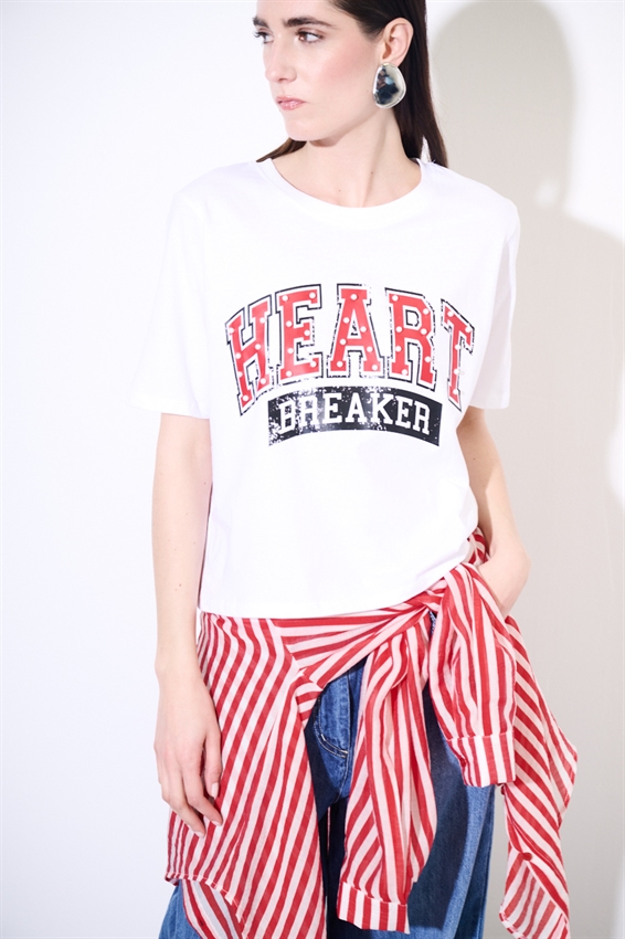 T-SHIRT CROP CON STAMPA HEART + PERLE BIANCO