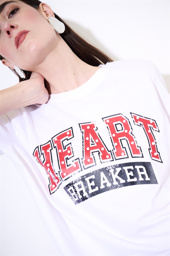 T-SHIRT CROP CON STAMPA HEART + PERLE BIANCO