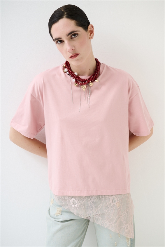 T-SHIRT COTONE CON PIZZO ASIMMETRICO