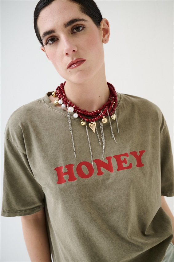 T-SHIRT EFFETTO MARMORIZZATO STAMPA HONEY VERDE MILITARE