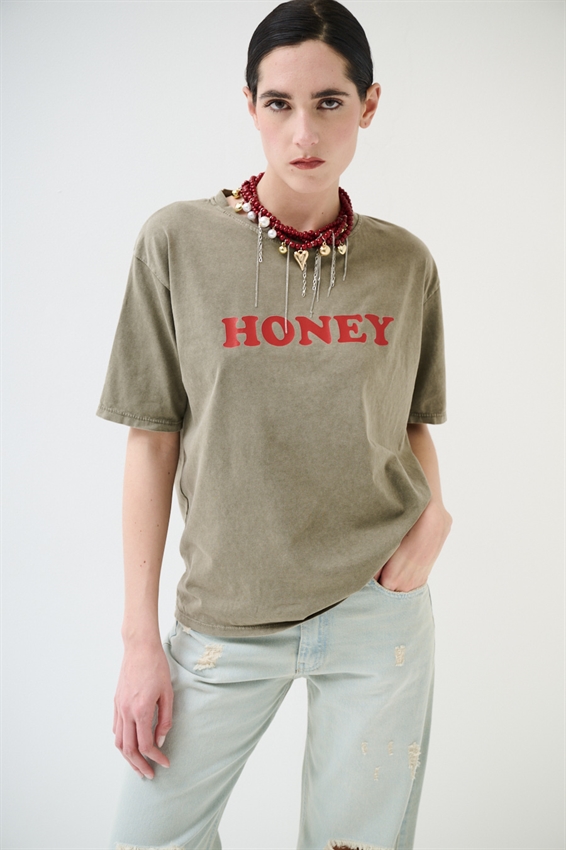 T-SHIRT EFFETTO MARMORIZZATO STAMPA HONEY VERDE MILITARE