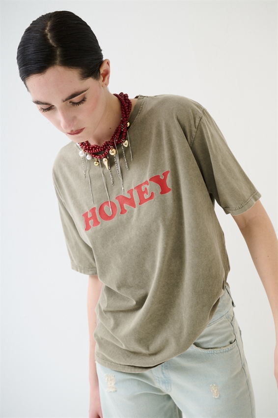 T-SHIRT EFFETTO MARMORIZZATO STAMPA HONEY VERDE MILITARE