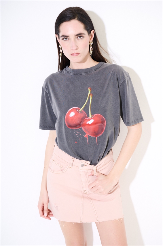 T-SHIRT EFFETTO MARMORIZZATO STAMPA CILIEGIA GRIGIO