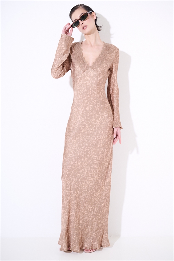 ABITO LUNGO SCOLLO V IN RASO STAMPATO + PIZZO