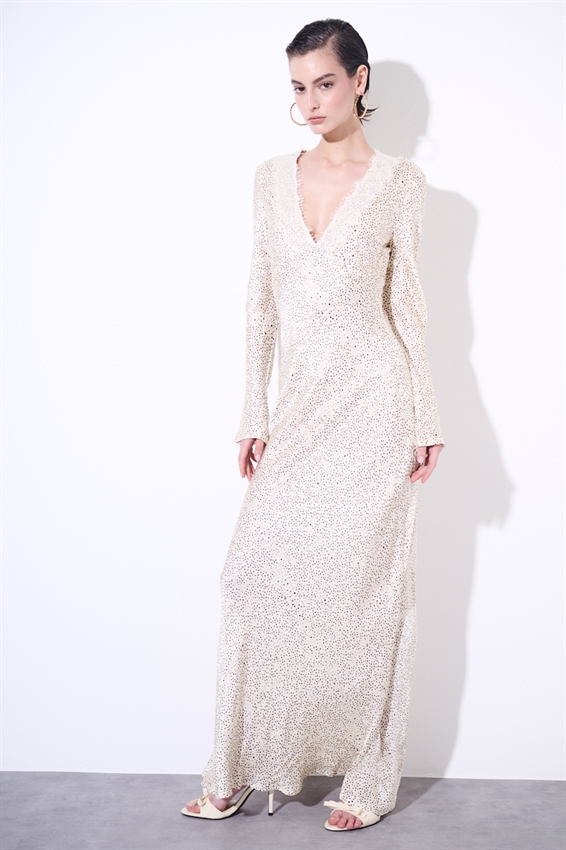 ABITO LUNGO SCOLLO V IN RASO STAMPATO + PIZZO