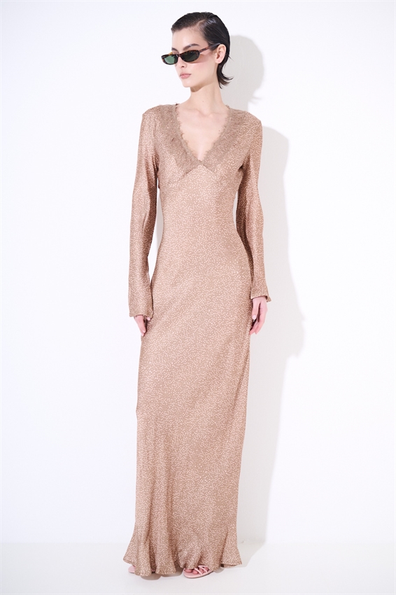 ABITO LUNGO SCOLLO V IN RASO STAMPATO + PIZZO