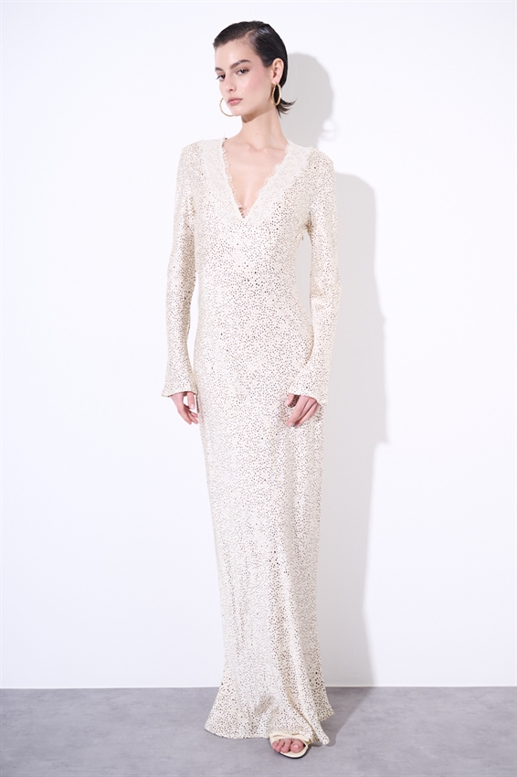 ABITO LUNGO SCOLLO V IN RASO STAMPATO + PIZZO BURRO