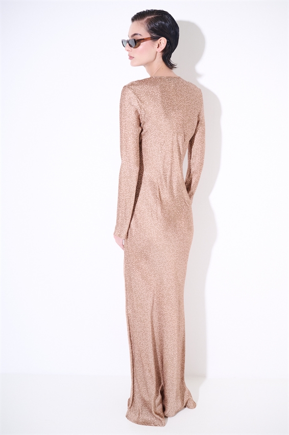 ABITO LUNGO SCOLLO V IN RASO STAMPATO + PIZZO ROSA