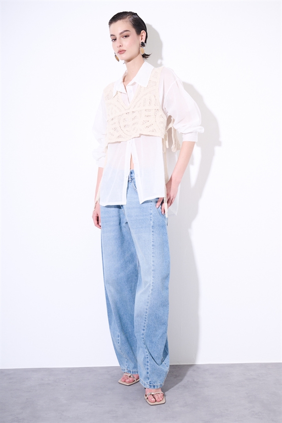 CAMICIA OVER IN MUSSOLA CON TOP MACRAME BURRO