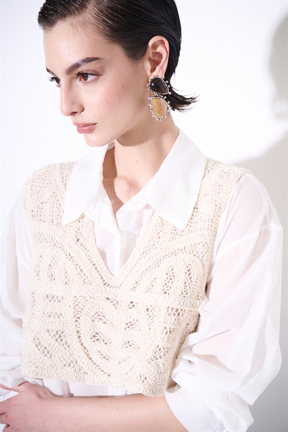 CAMICIA OVER IN MUSSOLA CON TOP MACRAME BURRO