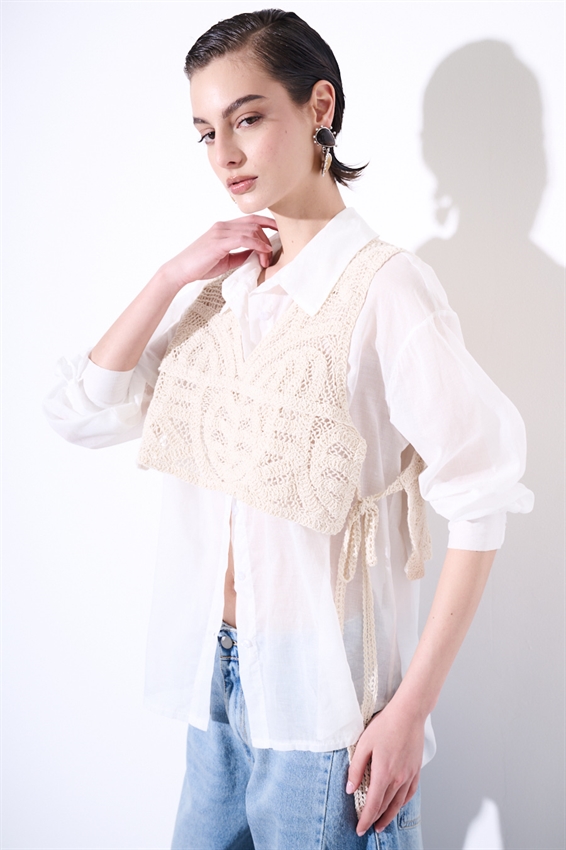 CAMICIA OVER IN MUSSOLA CON TOP MACRAME BURRO