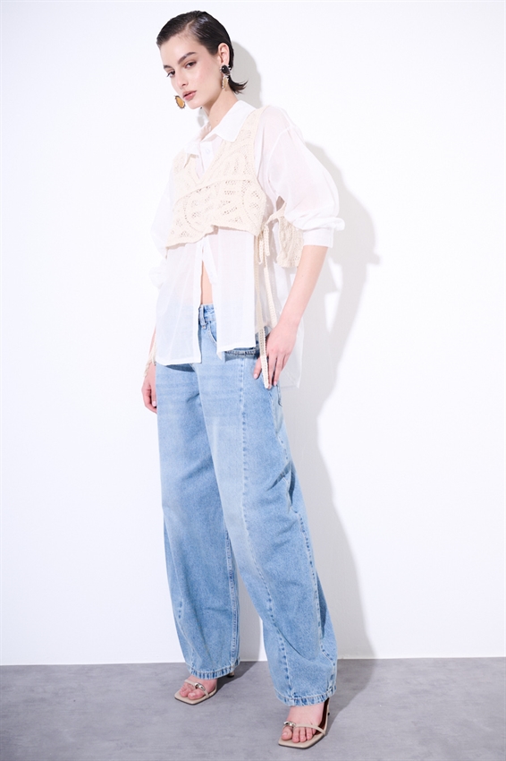 CAMICIA OVER IN MUSSOLA CON TOP MACRAME BURRO