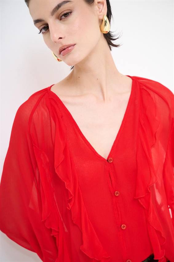 BLUSA CON BOTTONI E VOLANT ROSSO