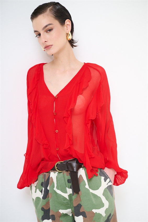 BLUSA CON BOTTONI E VOLANT ROSSO