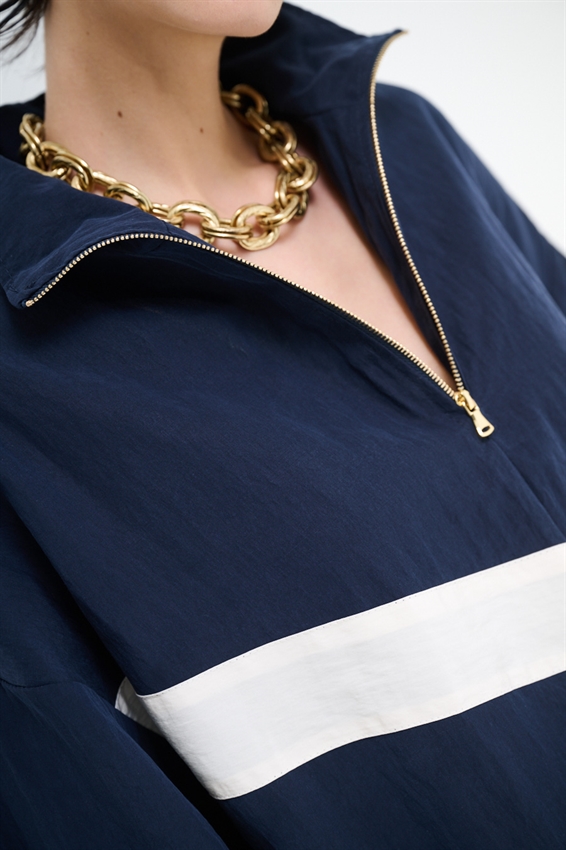 BOMBER BICOLOR CON ZIP E COLLO IMBUTO BLU/PANNA