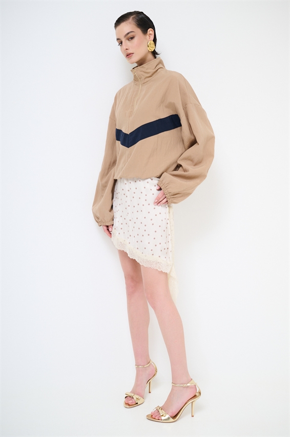 BOMBER BICOLOR CON ZIP E COLLO IMBUTO CAMMELLO/BLU