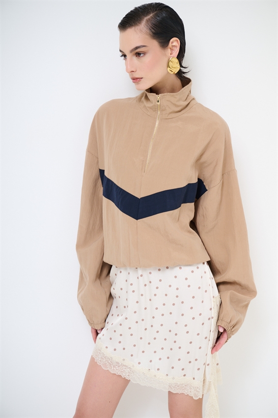 BOMBER BICOLOR CON ZIP E COLLO IMBUTO CAMMELLO/BLU